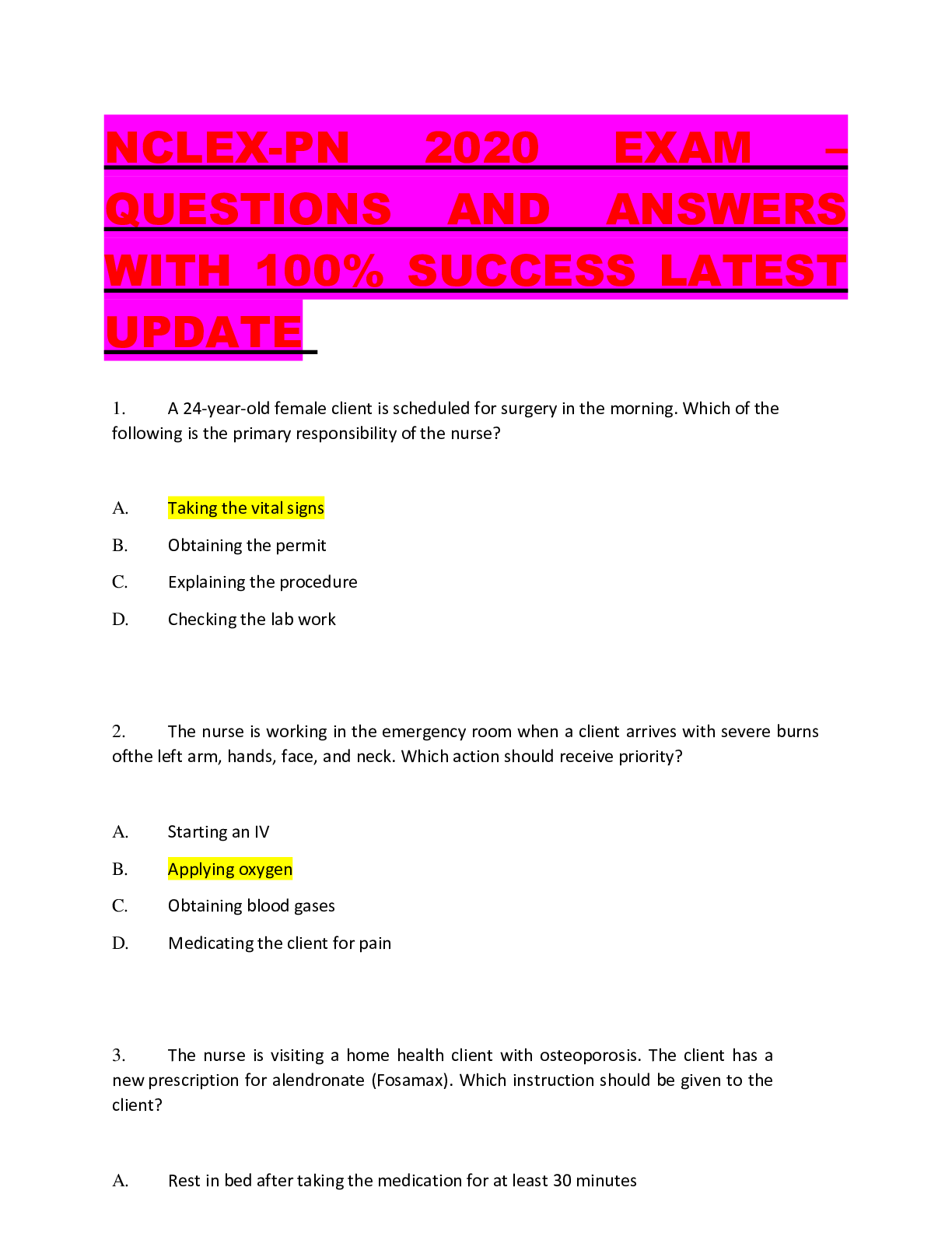 Preview of NCLEX-PN 2020 EXAM – QUESTIONS AND ANSWERS WITH 100% SUCCESS LATEST UPDATE